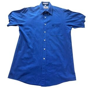 Etienne Aigner Mens 15 Royal Blue Button Up Short Sleeve Pocket Logo Dress Shirt